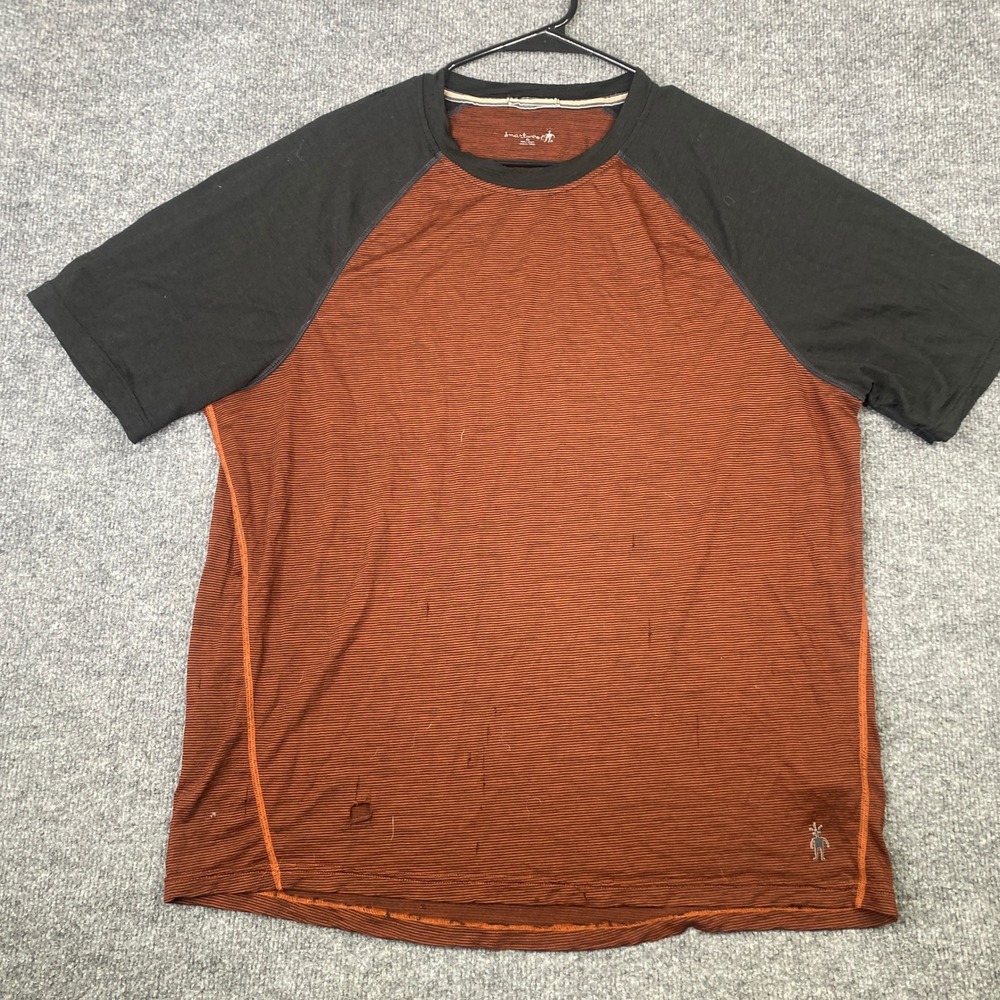 Smartwool Mens XL Merino Wool Raglan T-Shirt Striped Orange Black Base Layer